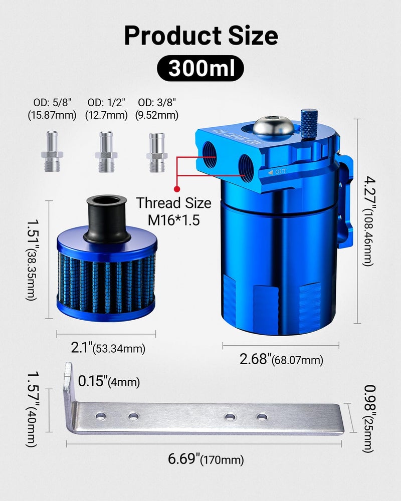 EVIL ENERGY Oil Catch Can, Universal Baffled Catch Can Kit with Breather Filter, 300ml Aluminum Air Oil Separator Tank NBR Fuel Hose Kits for PCV System Blue - Image 3